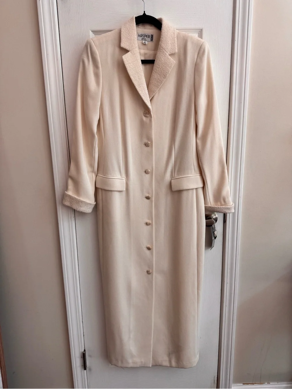 KASPER ASL Button Front Long Sleeve Cream Maxi Dress w/ Boucle Collar Size 8 NWT